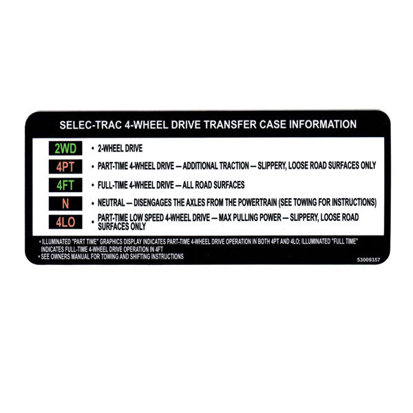 Jeep Transfer Case Visor Instruction Decals