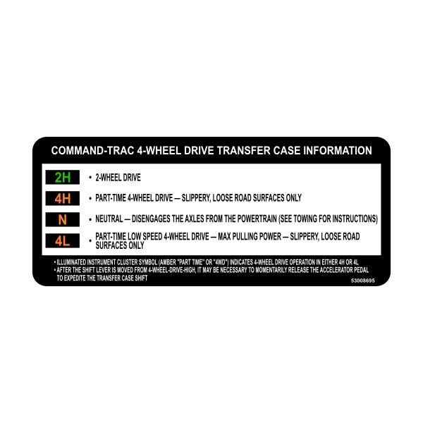 Jeep Transfer Case Visor Instruction Decal (NP231)
