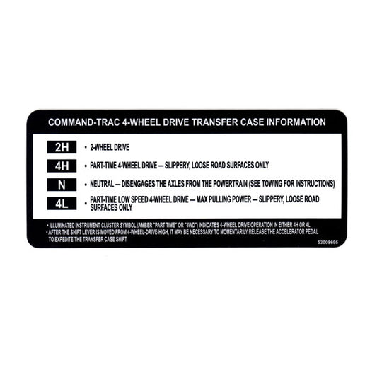 Jeep 4WD Transfer Case Visor Instruction Decal (NP231)