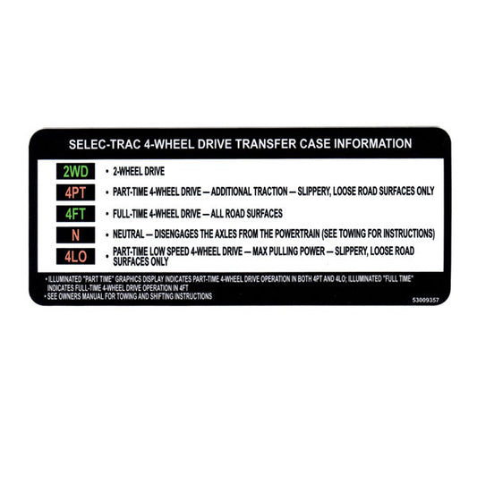 Jeep 4WD Transfer Case Visor Instruction Decal (NP242)